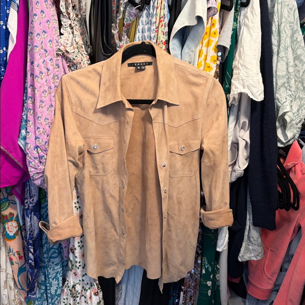 THEORY Tan Suede Shirt M with Mother of Pearl Buttons Soft suede Leather
